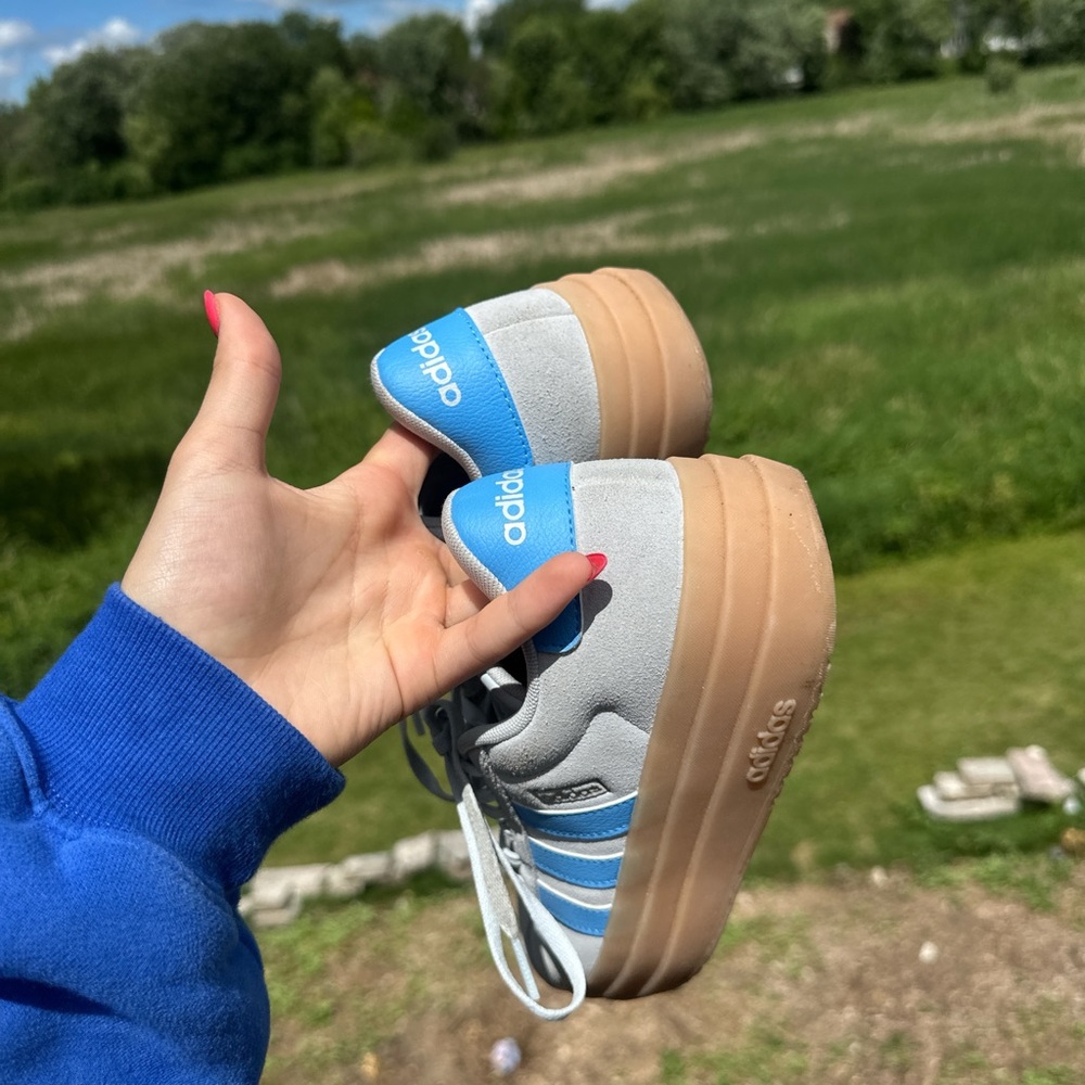 Adidas Women’s Suede Platform Sneakers - Light Gray with Blue Stripes - Picture 3 of 5